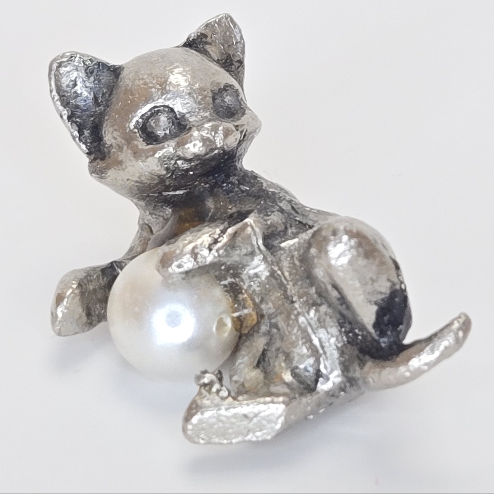 Miniature Pewter Cat Figurine Playing With Pearl 1.5" Tiny Vintage Animal